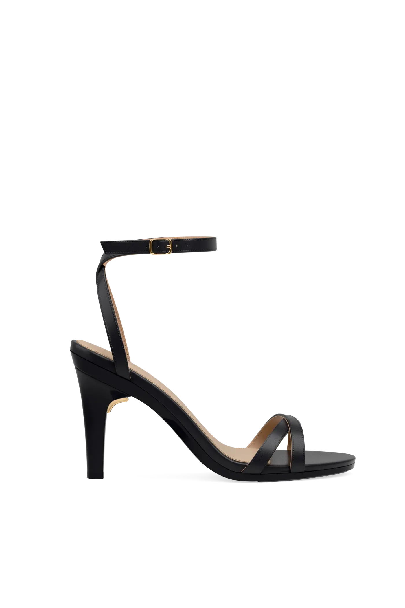 black open toe strappy sandal with open heel high heel that is convertible