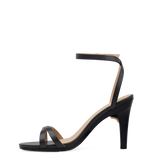 black open toe strappy sandal with open heel high heel side angle