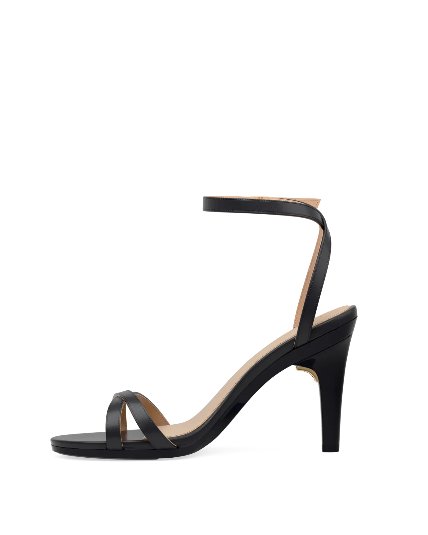black open toe strappy sandal with open heel high heel side angle