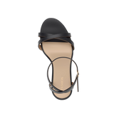 top view of black open toe strappy sandal with open heel flat that can convert to heel