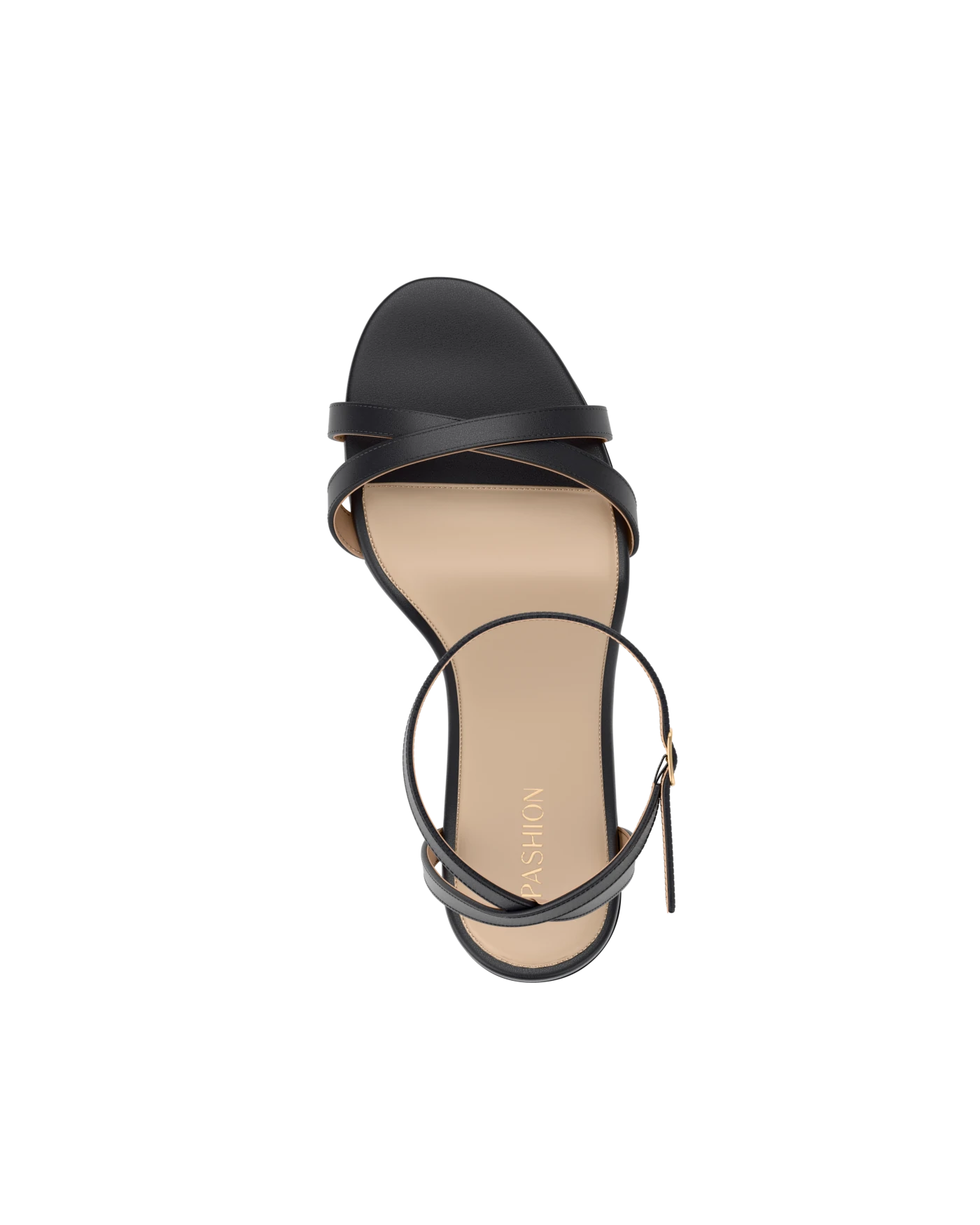 top view of black open toe strappy sandal with open heel flat that can convert to heel