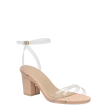 transaprent strappy sandal with block heel and a beige footbed