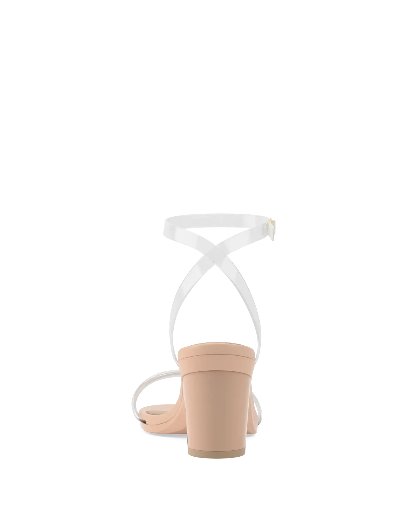 back view of a transaprent strappy sandal with block heel and a beige footbed