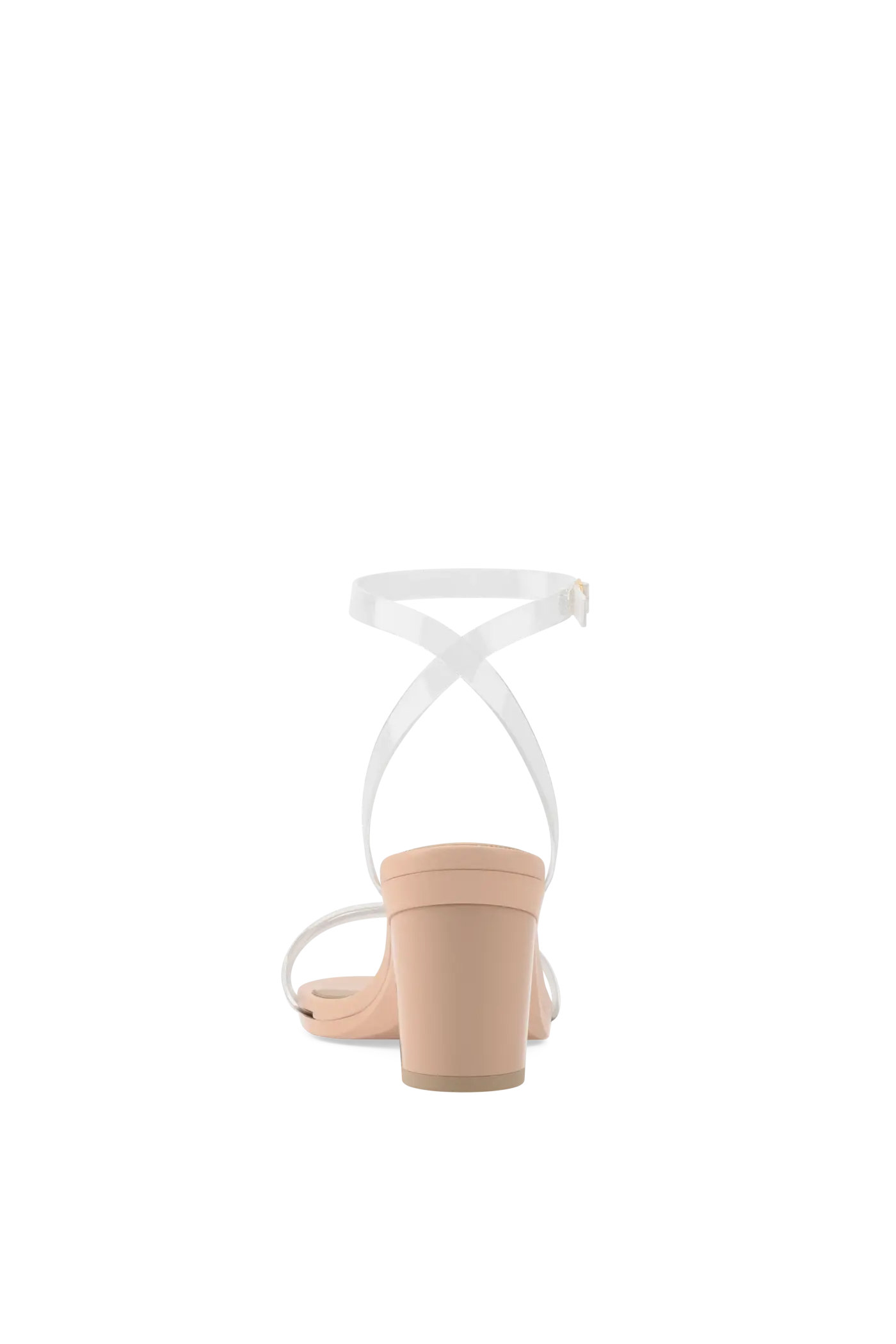 back view of a transaprent strappy sandal with block heel and a beige footbed
