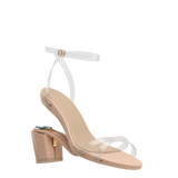 convertible transaprent strappy sandal with block heel and a beige footbed
