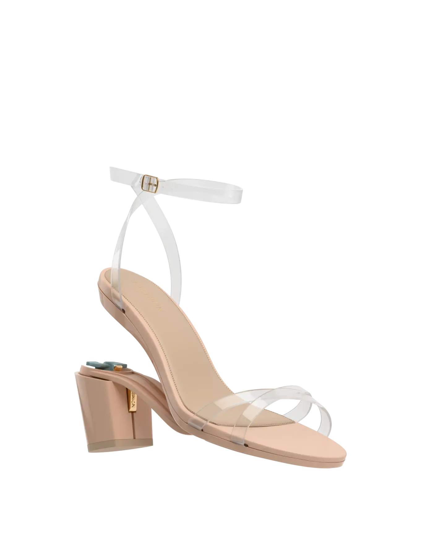 convertible transaprent strappy sandal with block heel and a beige footbed