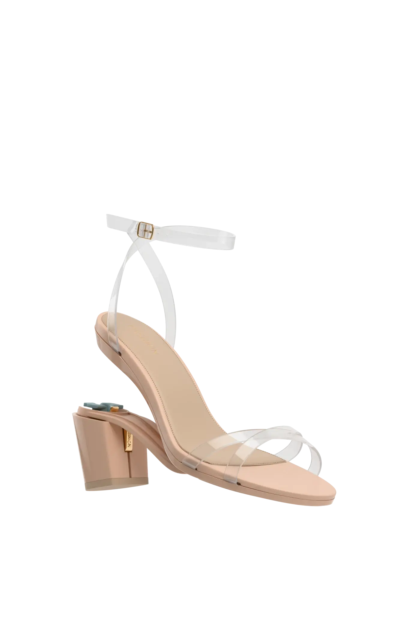 convertible transaprent strappy sandal with block heel and a beige footbed