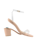 convertible transaprent strappy sandal with block heel and a beige footbed