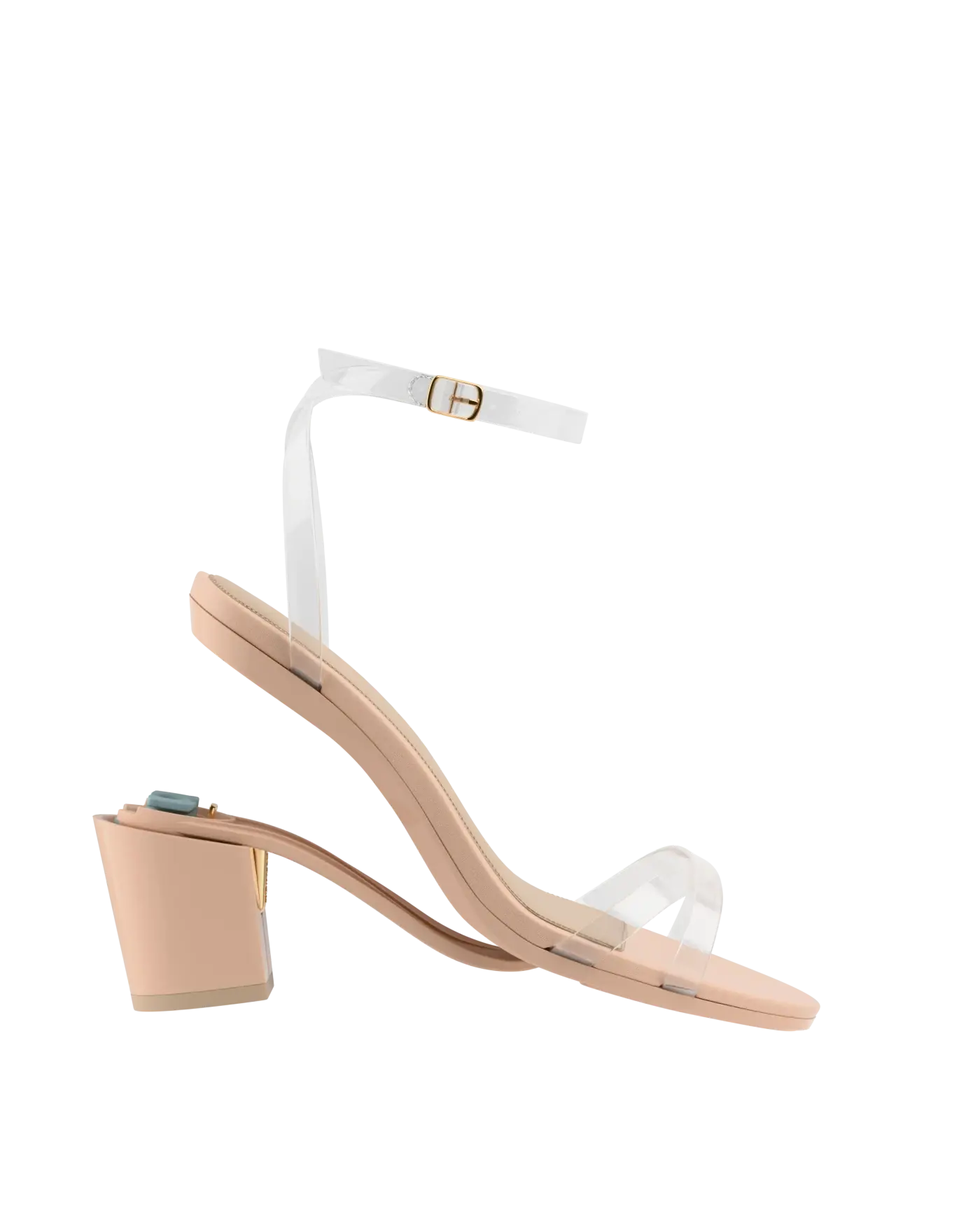 convertible transaprent strappy sandal with block heel and a beige footbed