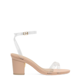 transaprent strappy sandal with block heel and a beige footbed