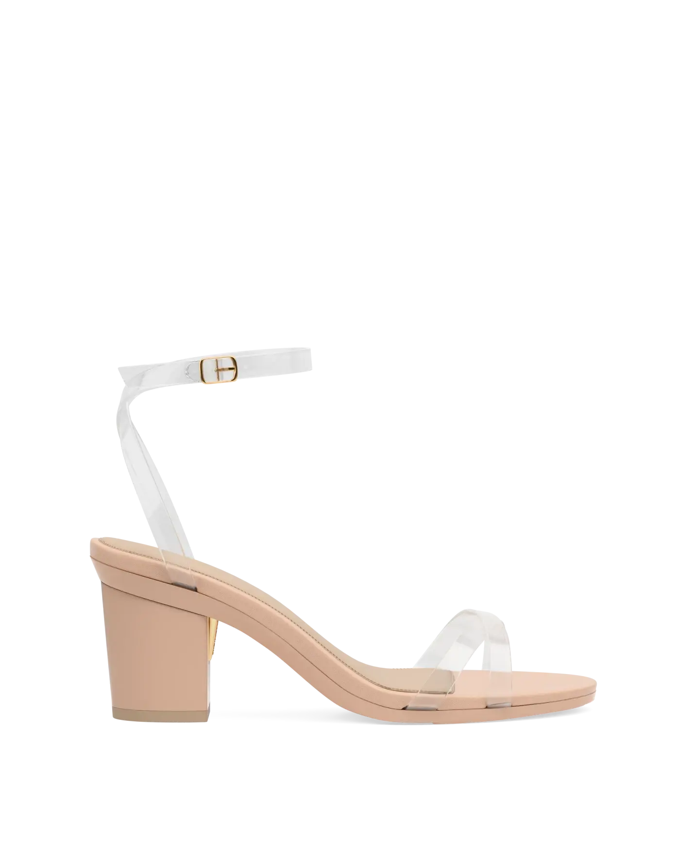 transaprent strappy sandal with block heel and a beige footbed
