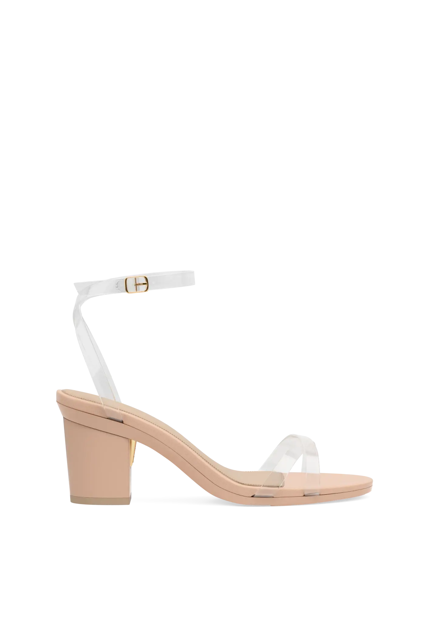 transaprent strappy sandal with block heel and a beige footbed