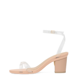 transaprent strappy sandal with block heel and a beige footbed
