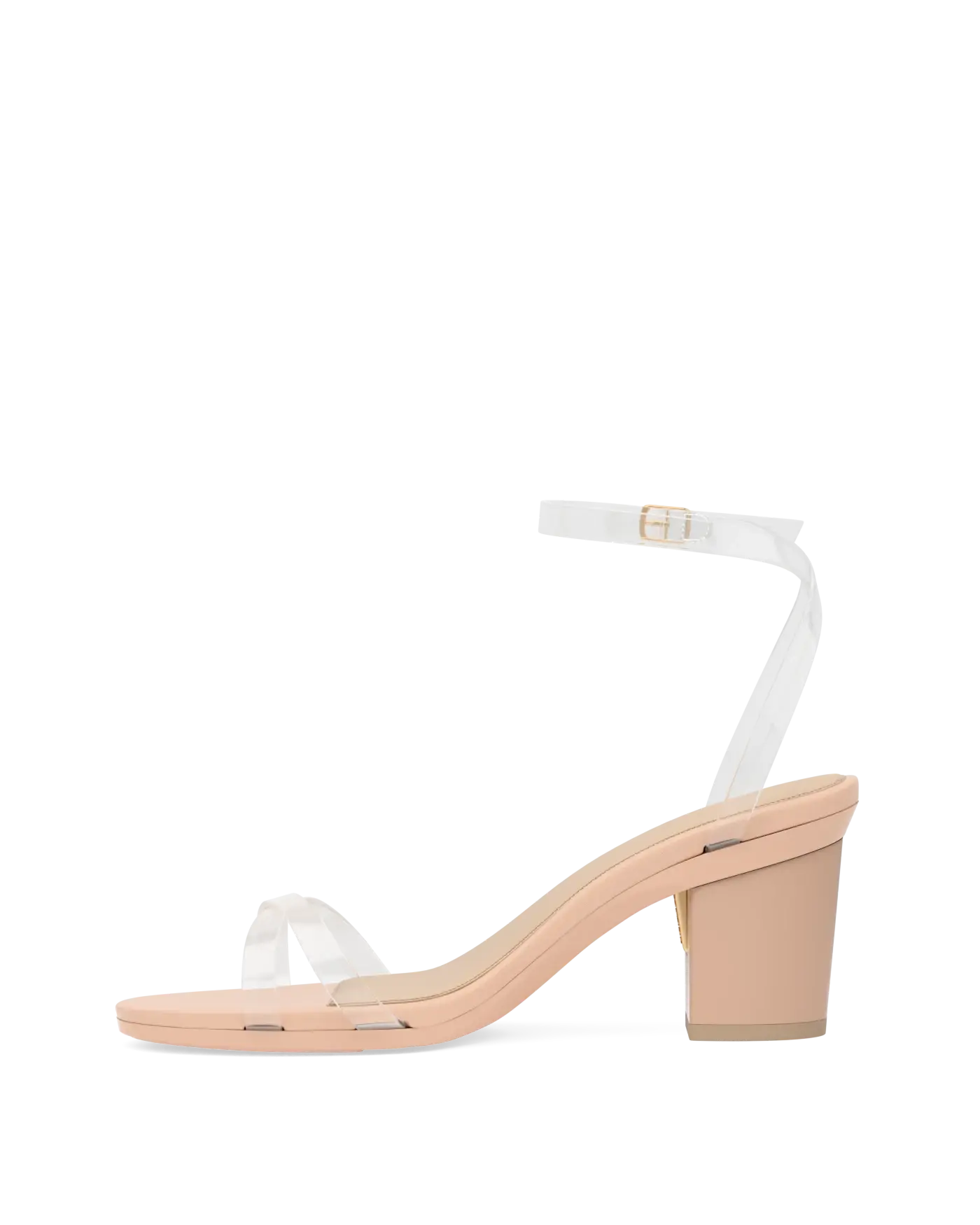 transaprent strappy sandal with block heel and a beige footbed
