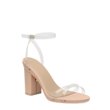 transaprent strappy sandal with block heel and a beige footbed
