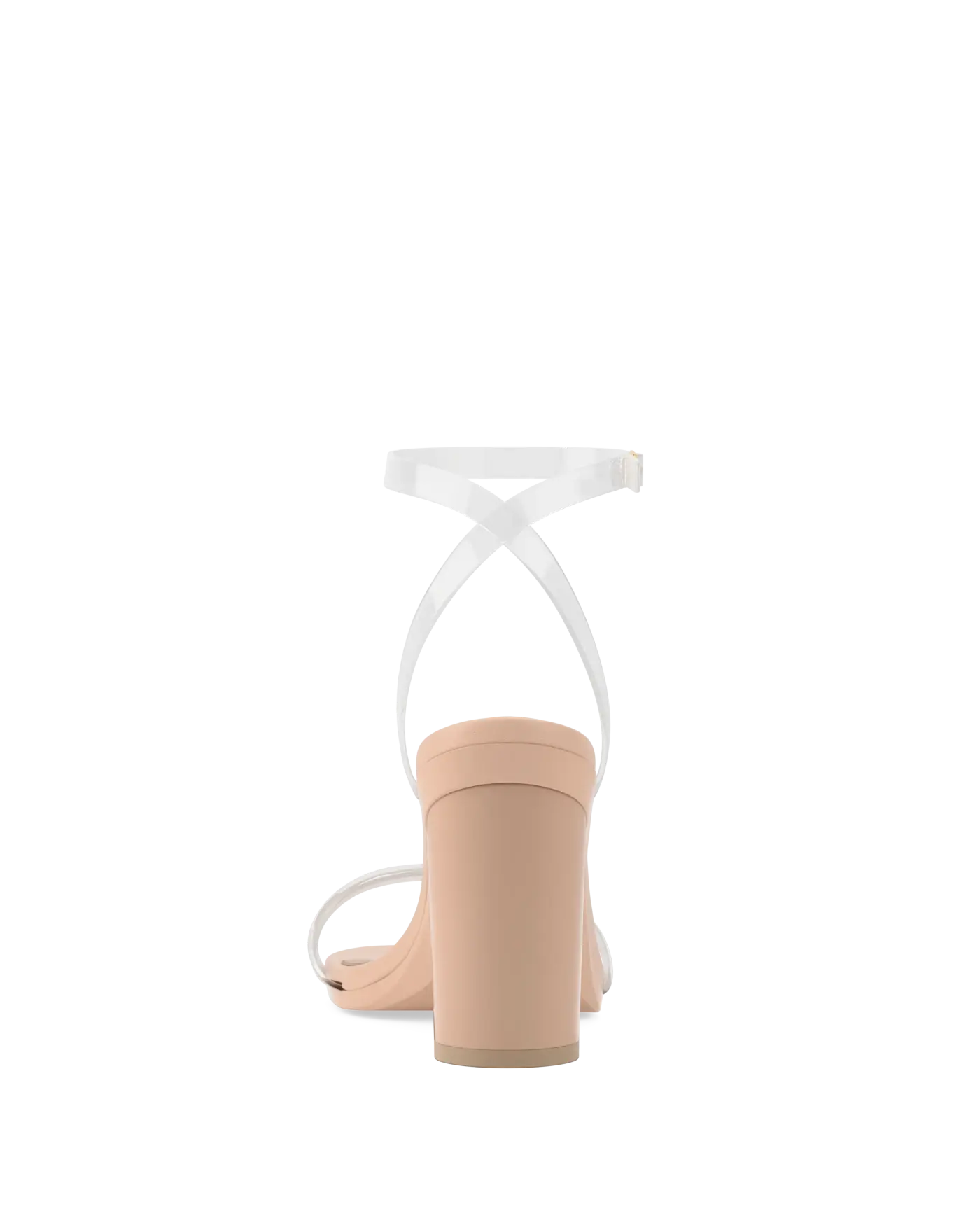 back view of transaprent strappy sandal with block heel and a beige footbed