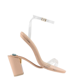 convertible transaprent strappy sandal with block heel and a beige footbed