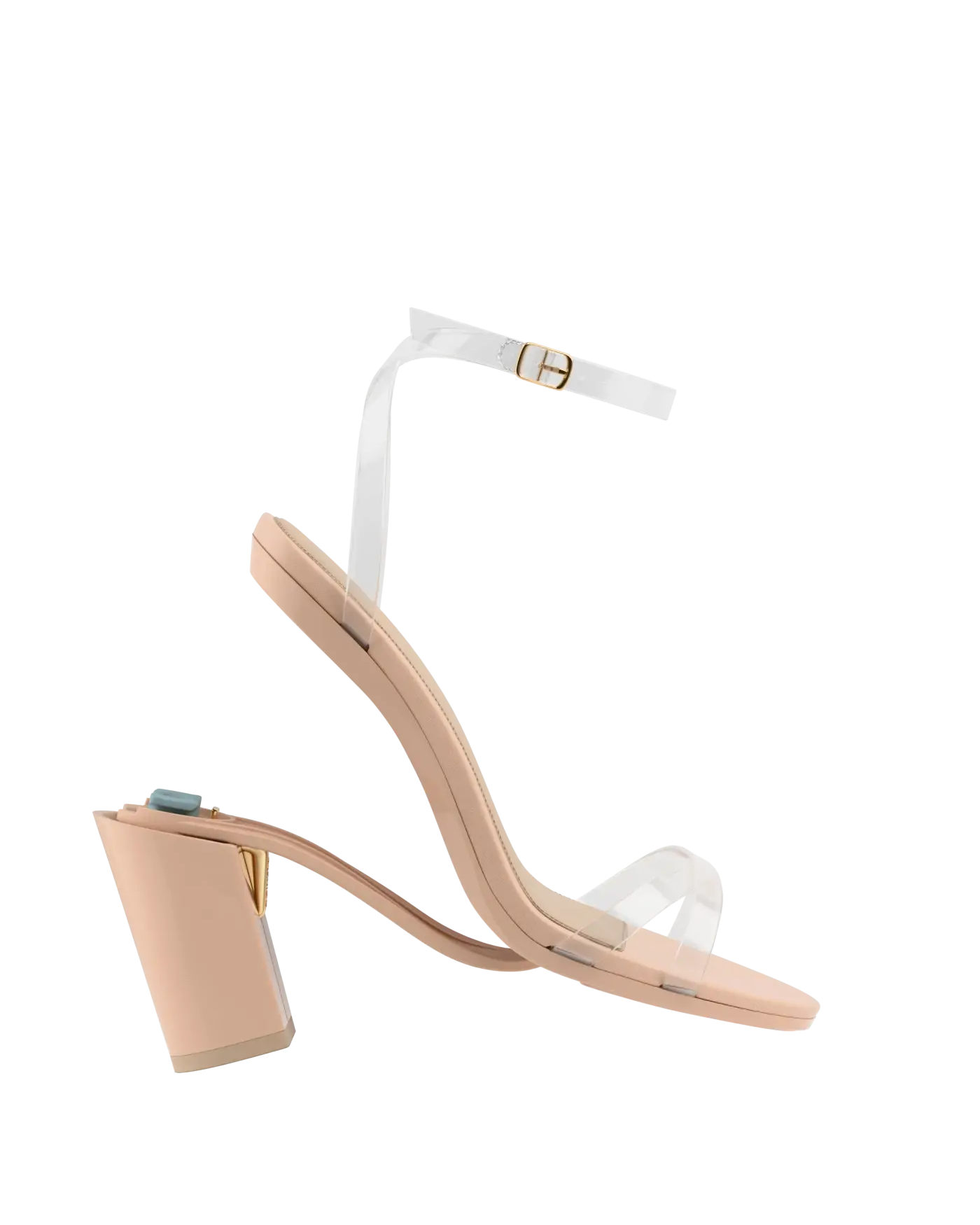 convertible transaprent strappy sandal with block heel and a beige footbed