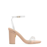 transaprent strappy sandal with block heel and a beige footbed