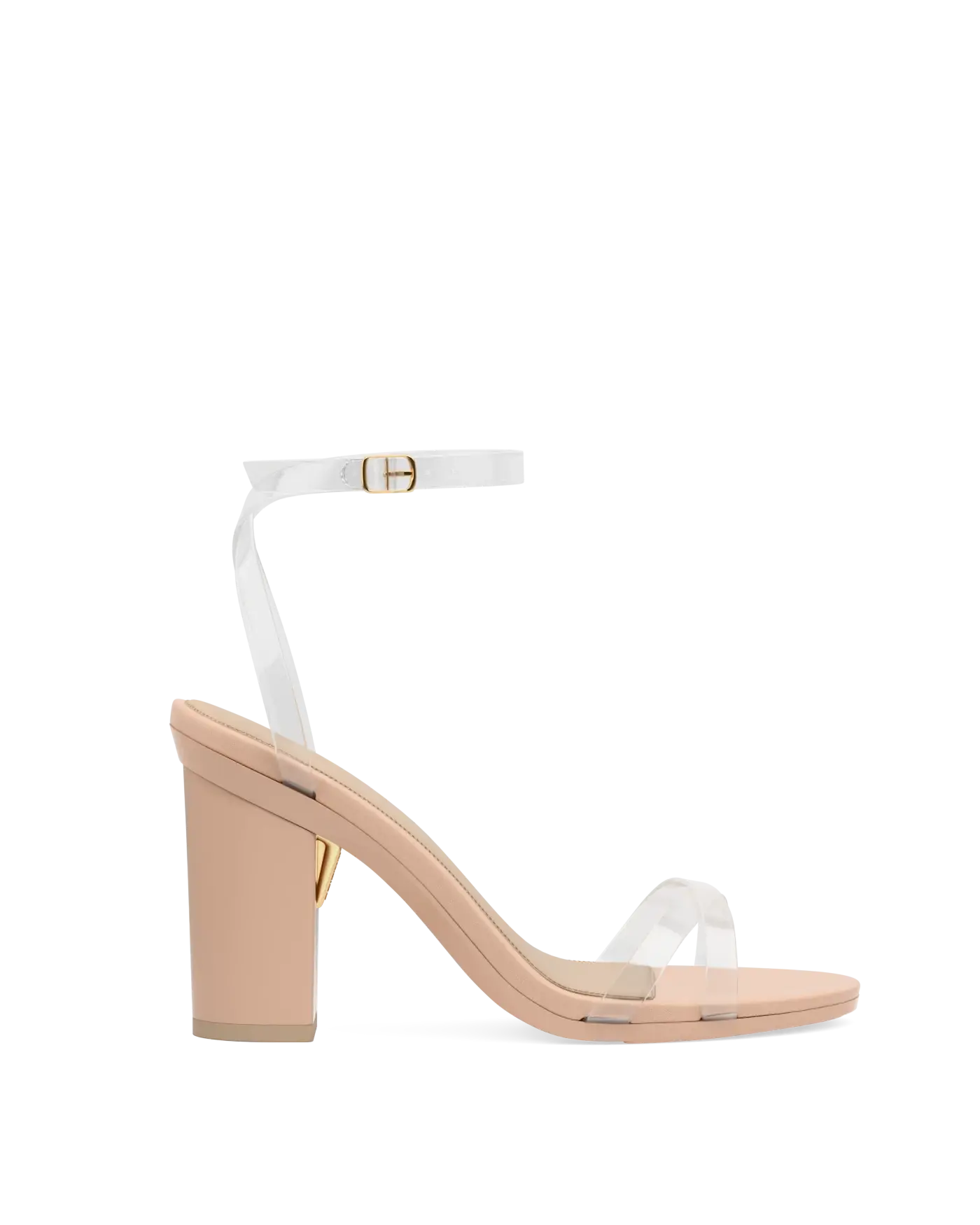 transaprent strappy sandal with block heel and a beige footbed