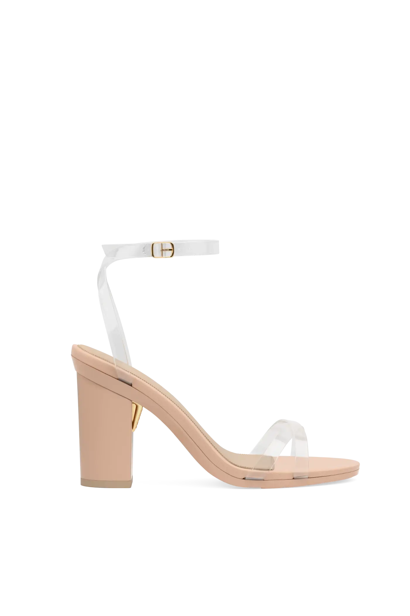 transaprent strappy sandal with block heel and a beige footbed