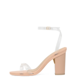 transaprent strappy sandal with block heel and a beige footbed