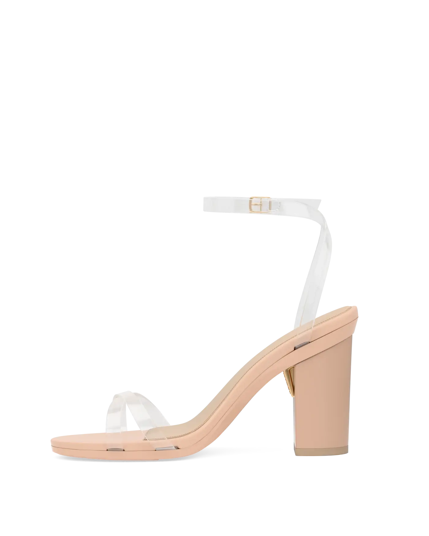 transaprent strappy sandal with block heel and a beige footbed