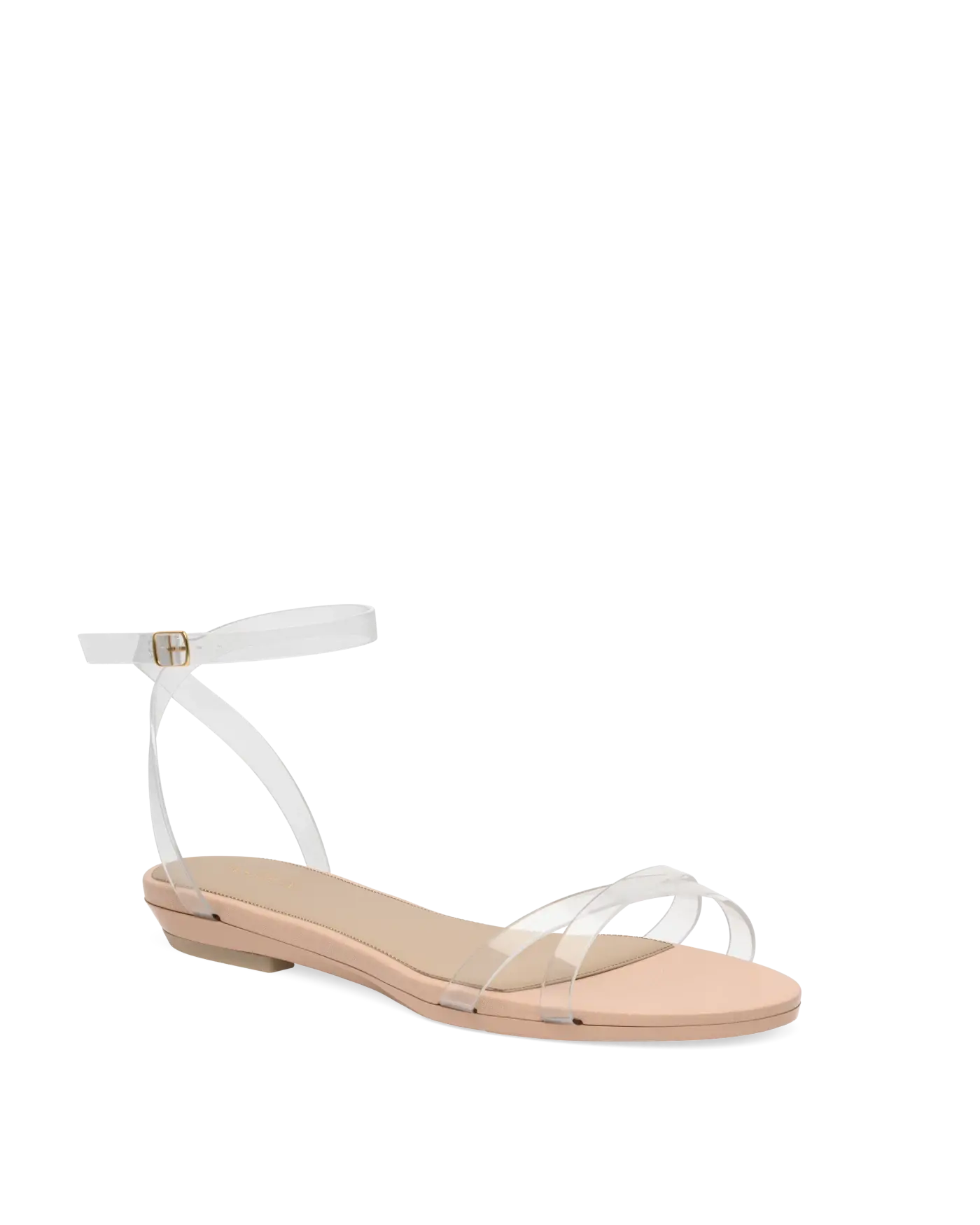 transaprent strappy sandal with block heel and a beige footbed 