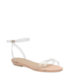 a clear strap, open toe strappy sandal with open heel with block heel with beige footbed flat
