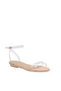 a clear strap, open toe strappy sandal with open heel with block heel with beige footbed flat