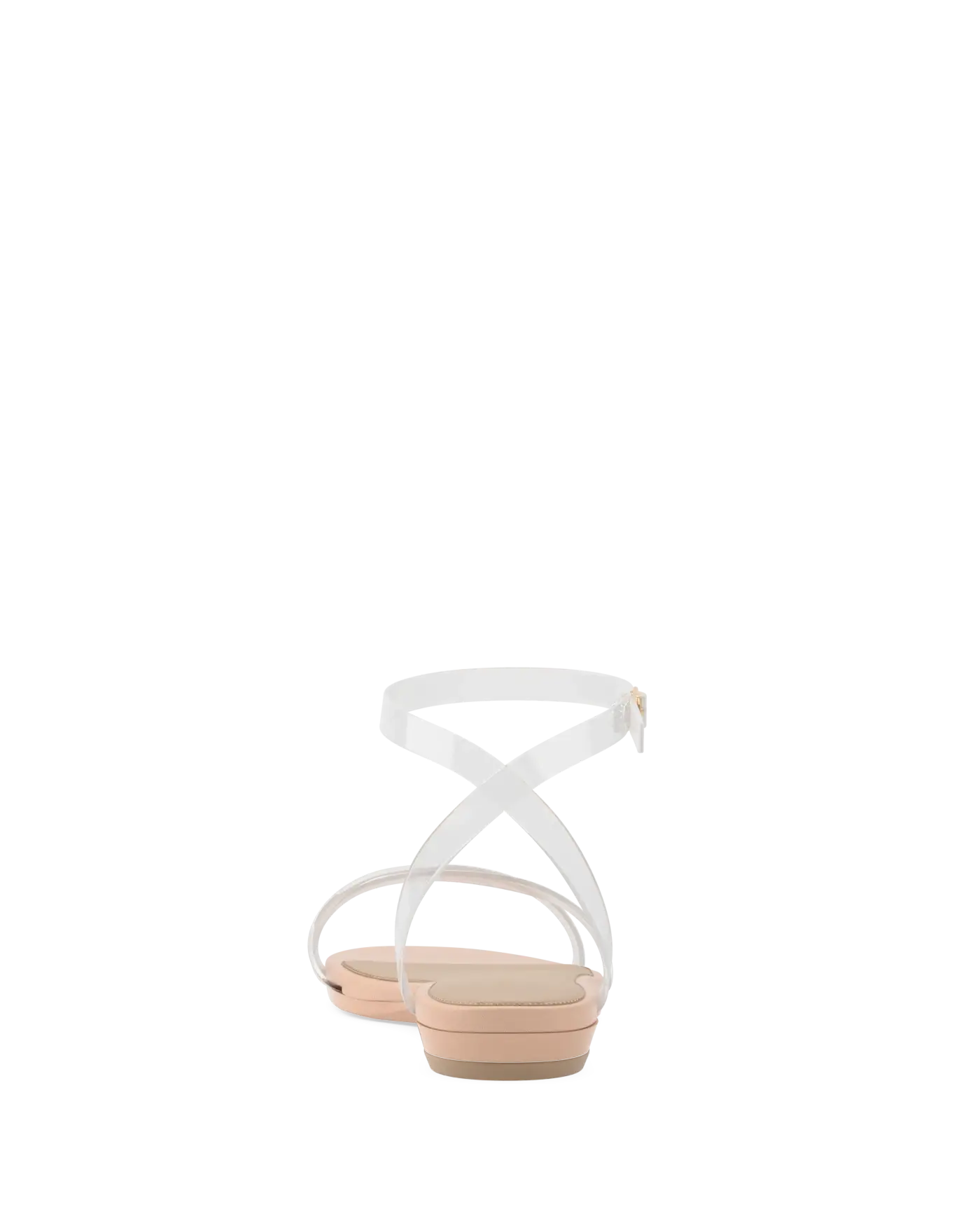 a clear strap, open toe strappy sandal with open heel with block heel with beige footbed flat