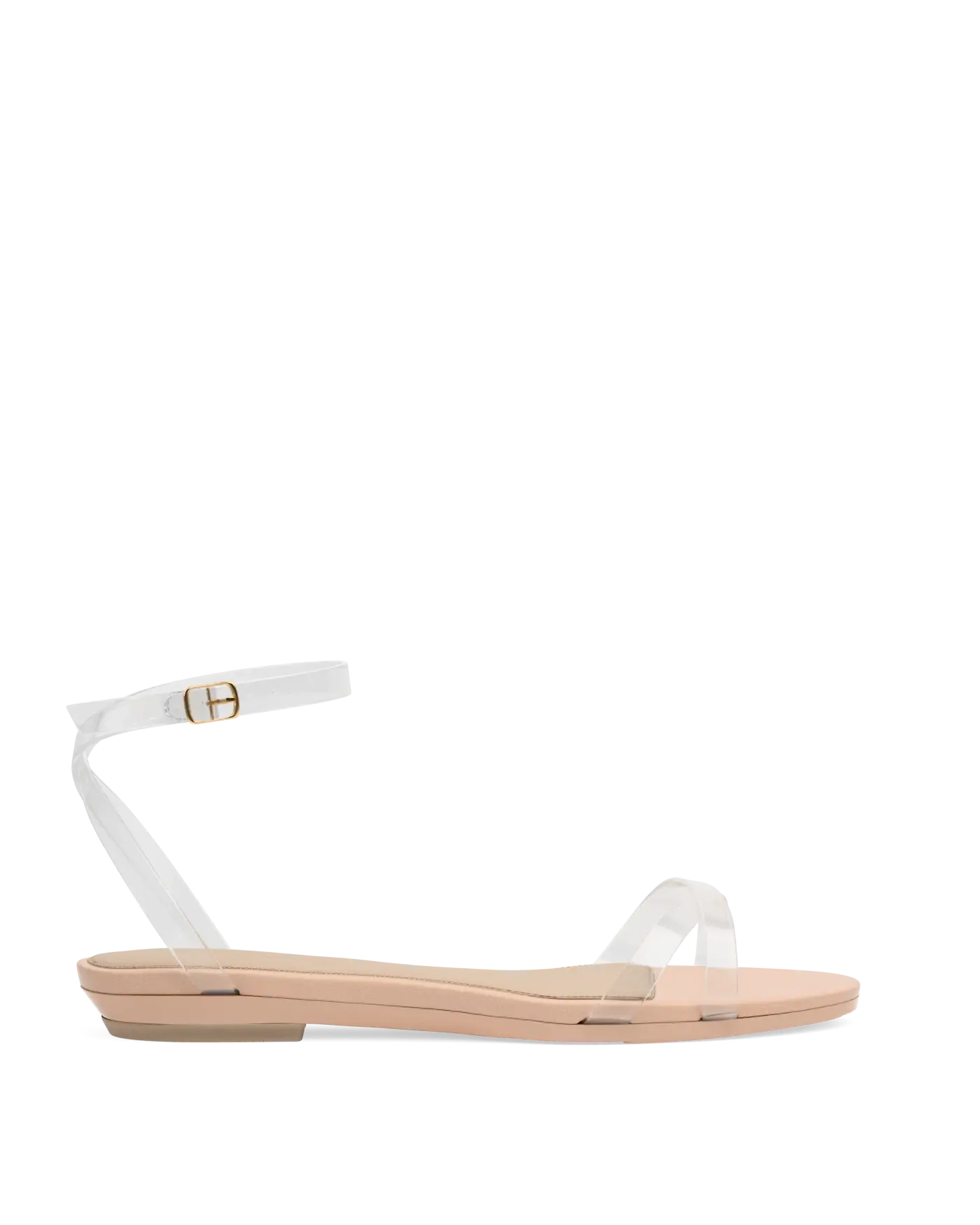 a clear strap, open toe strappy sandal with open heel with block heel with beige footbed flat