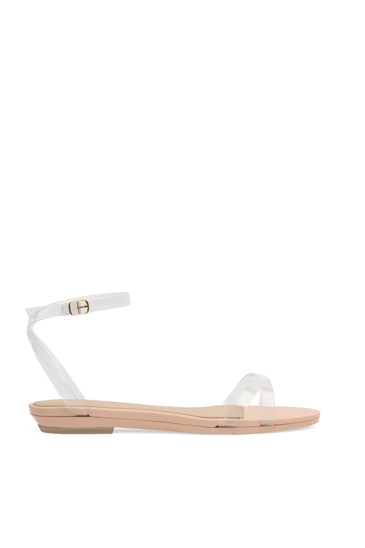 a clear strap, open toe strappy sandal with open heel with block heel with beige footbed flat