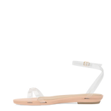 a clear strap, open toe strappy sandal with open heel with block heel with beige footbed flat