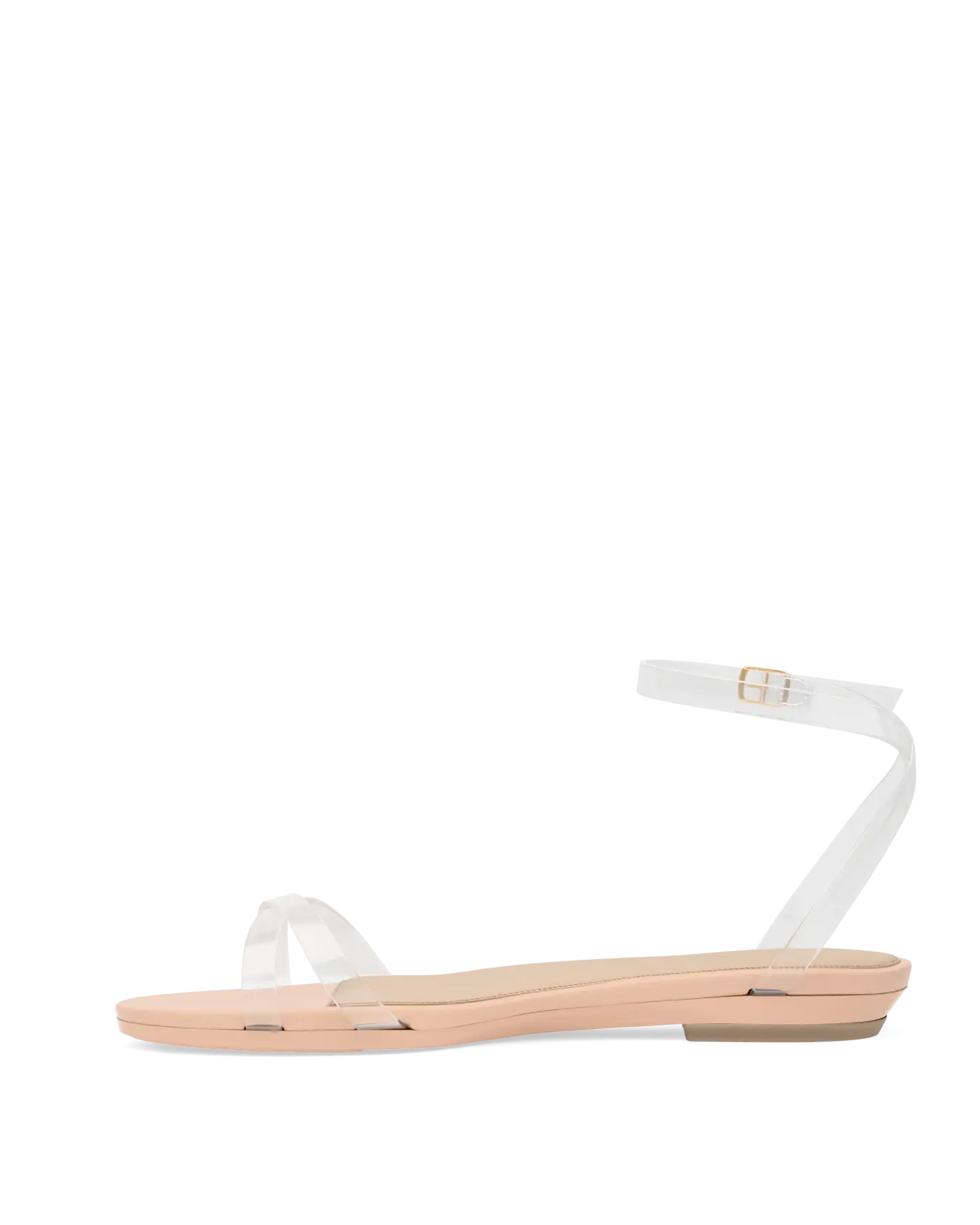 a clear strap, open toe strappy sandal with open heel with block heel with beige footbed flat
