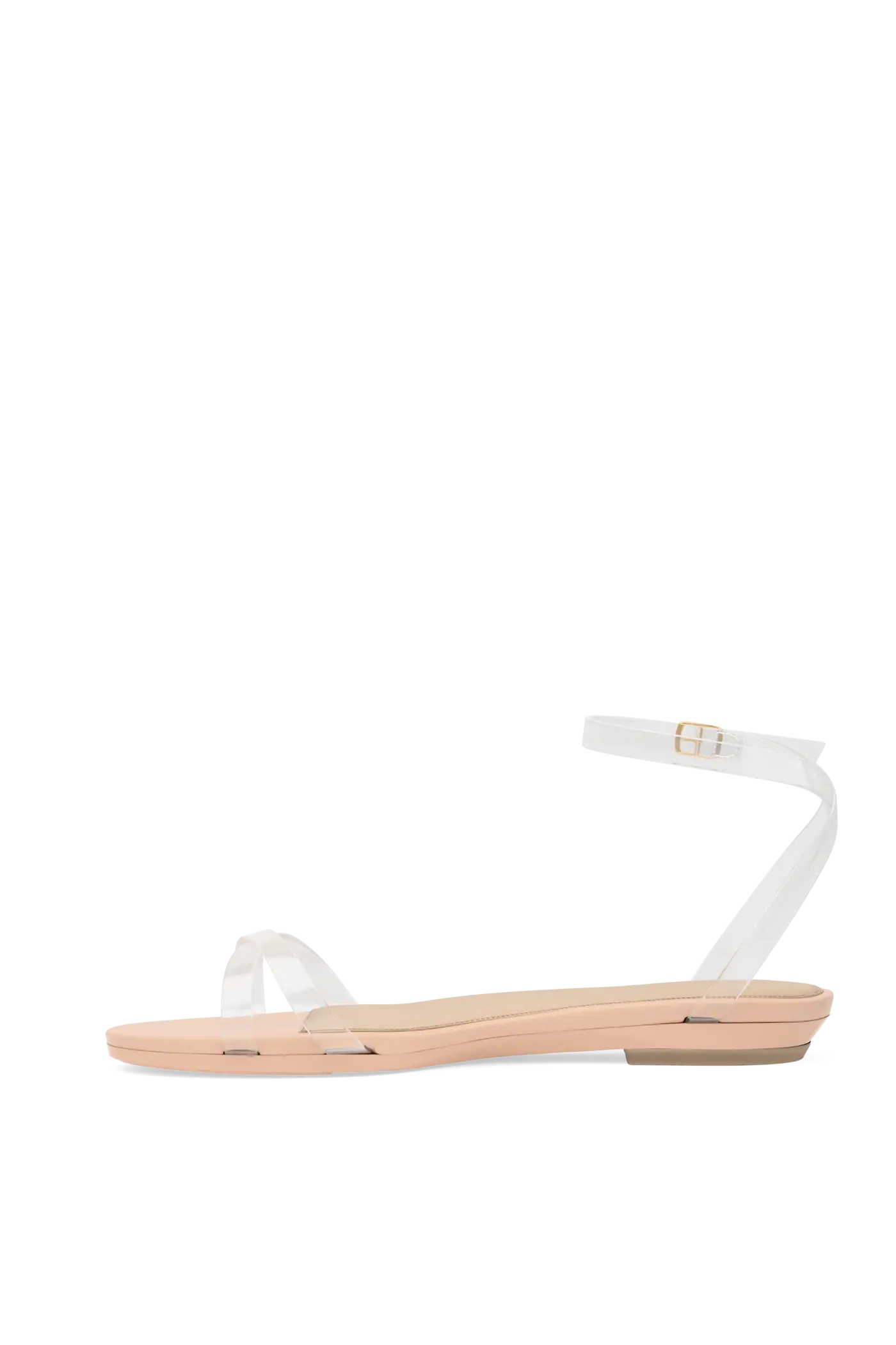a clear strap, open toe strappy sandal with open heel with block heel with beige footbed flat
