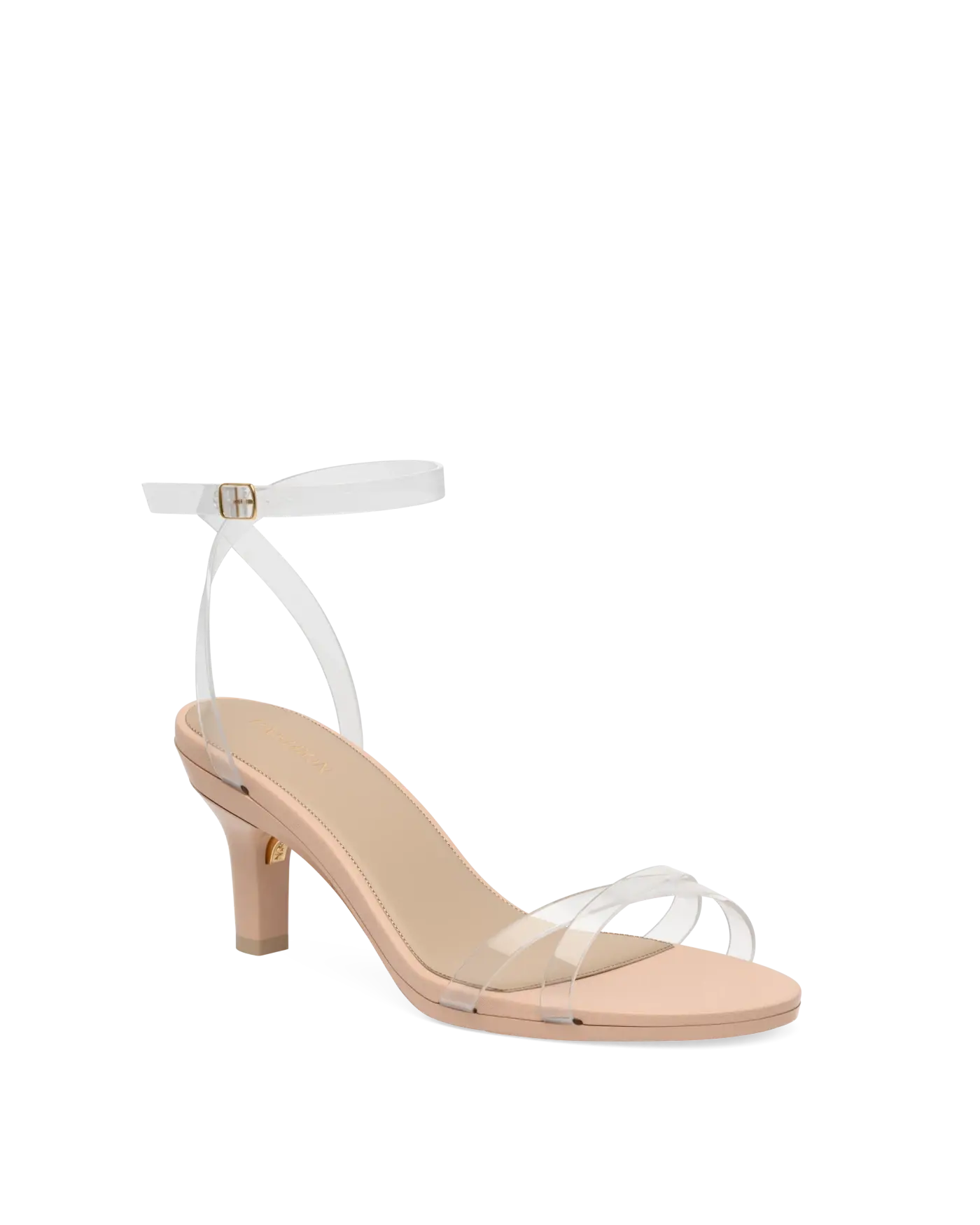 convertible transaprent strappy high heel sandal with a beige footbed