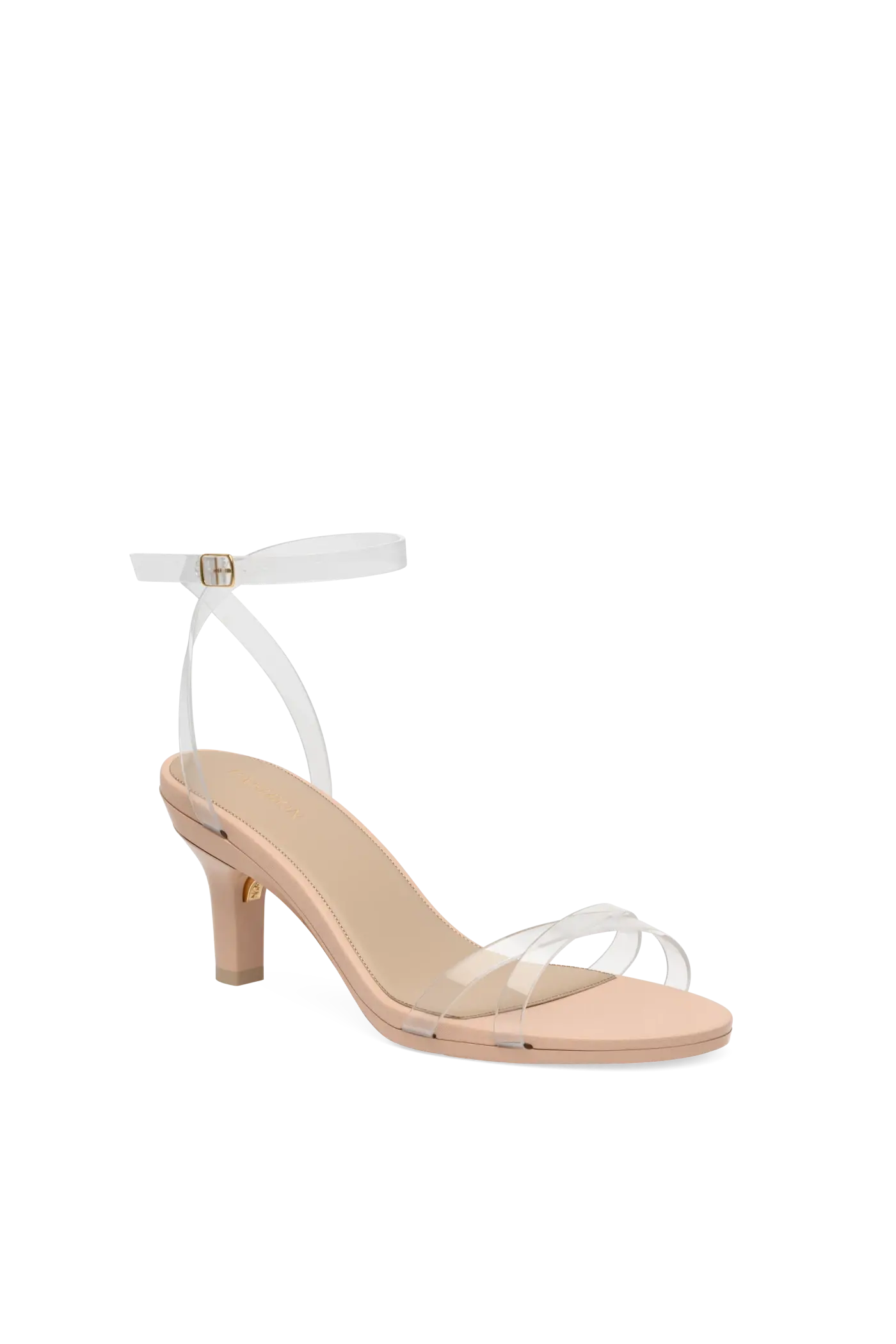 convertible transaprent strappy high heel sandal with a beige footbed