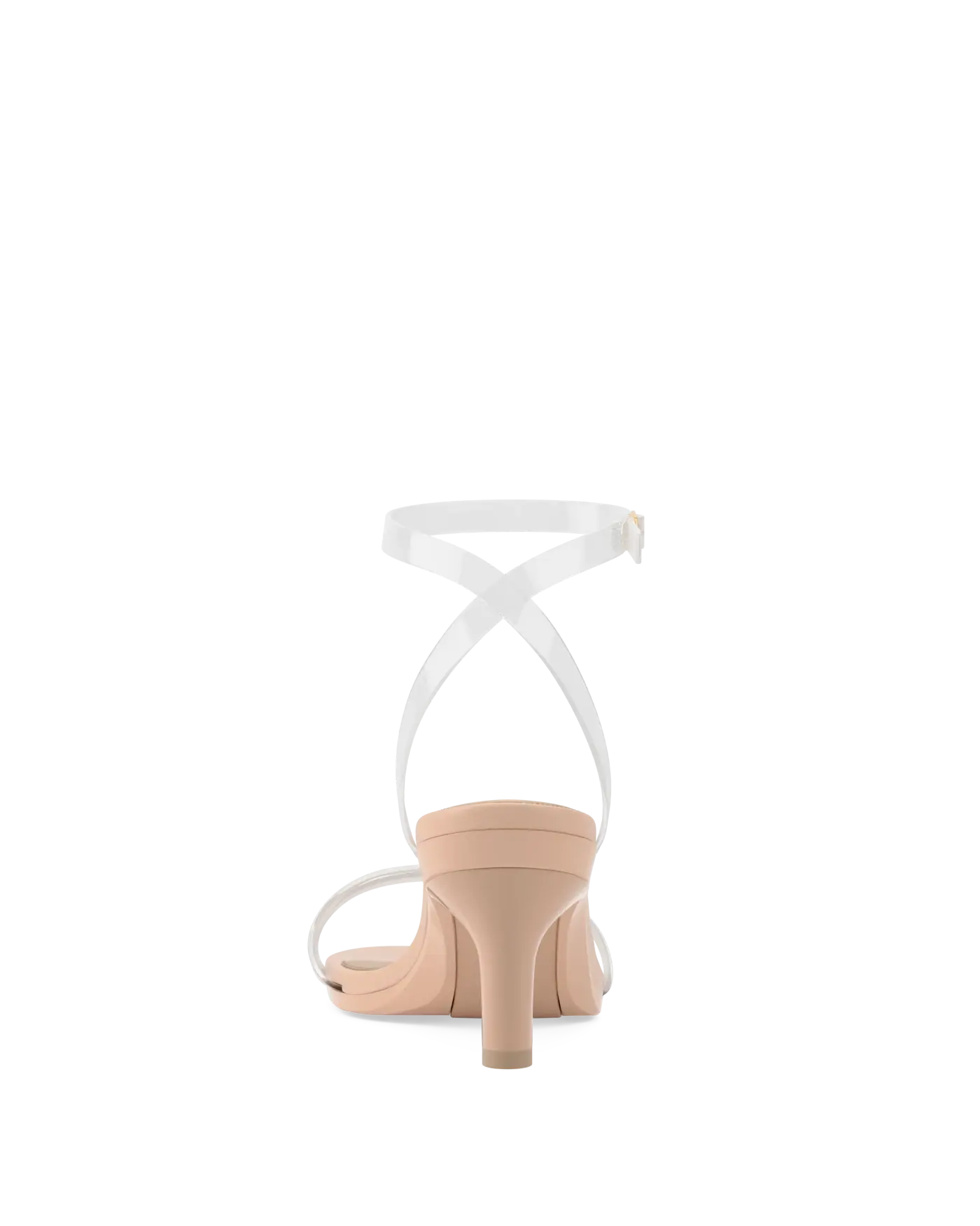 back view of convertible transaprent strappy high heel sandal with a beige footbed