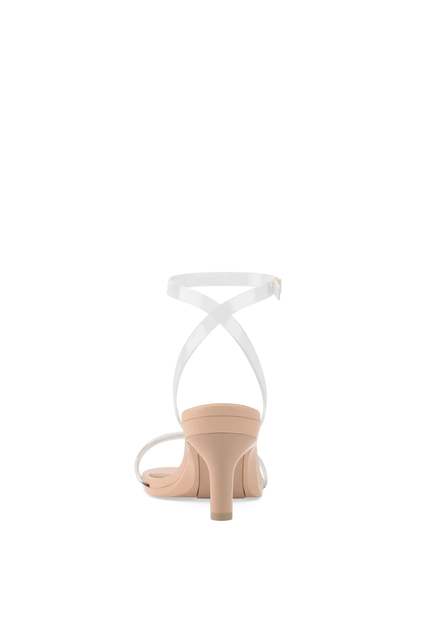 back view of convertible transaprent strappy high heel sandal with a beige footbed
