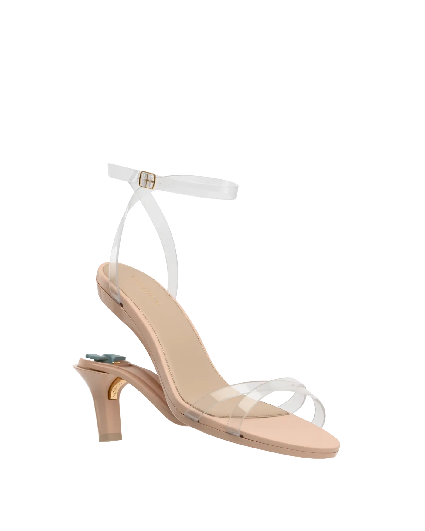 convertible transaprent strappy high heel sandal with a beige footbed