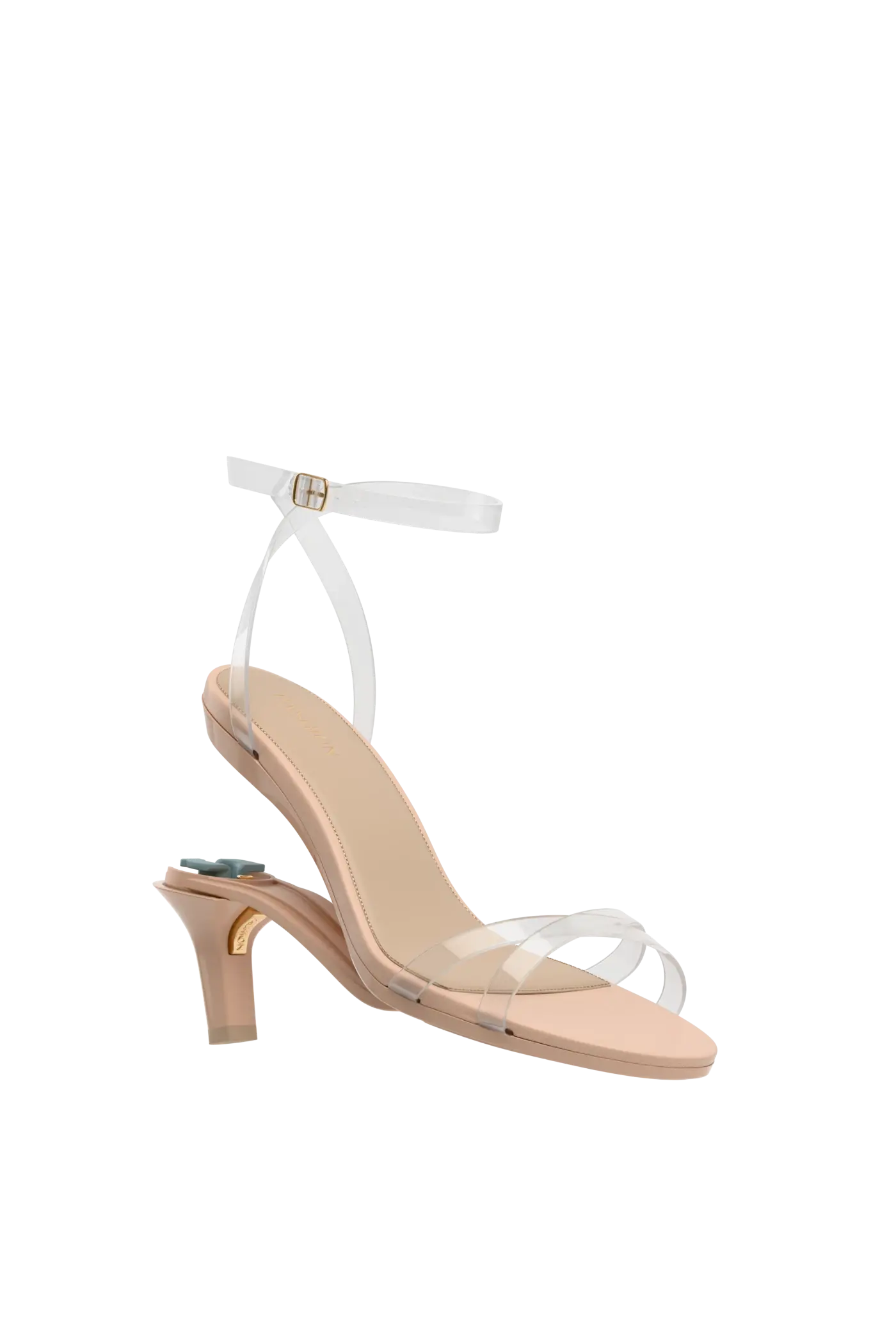 convertible transaprent strappy high heel sandal with a beige footbed