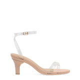 a clear strap, open toe strappy sandal with open heel with block heel with beige footbed and a kitten heel
