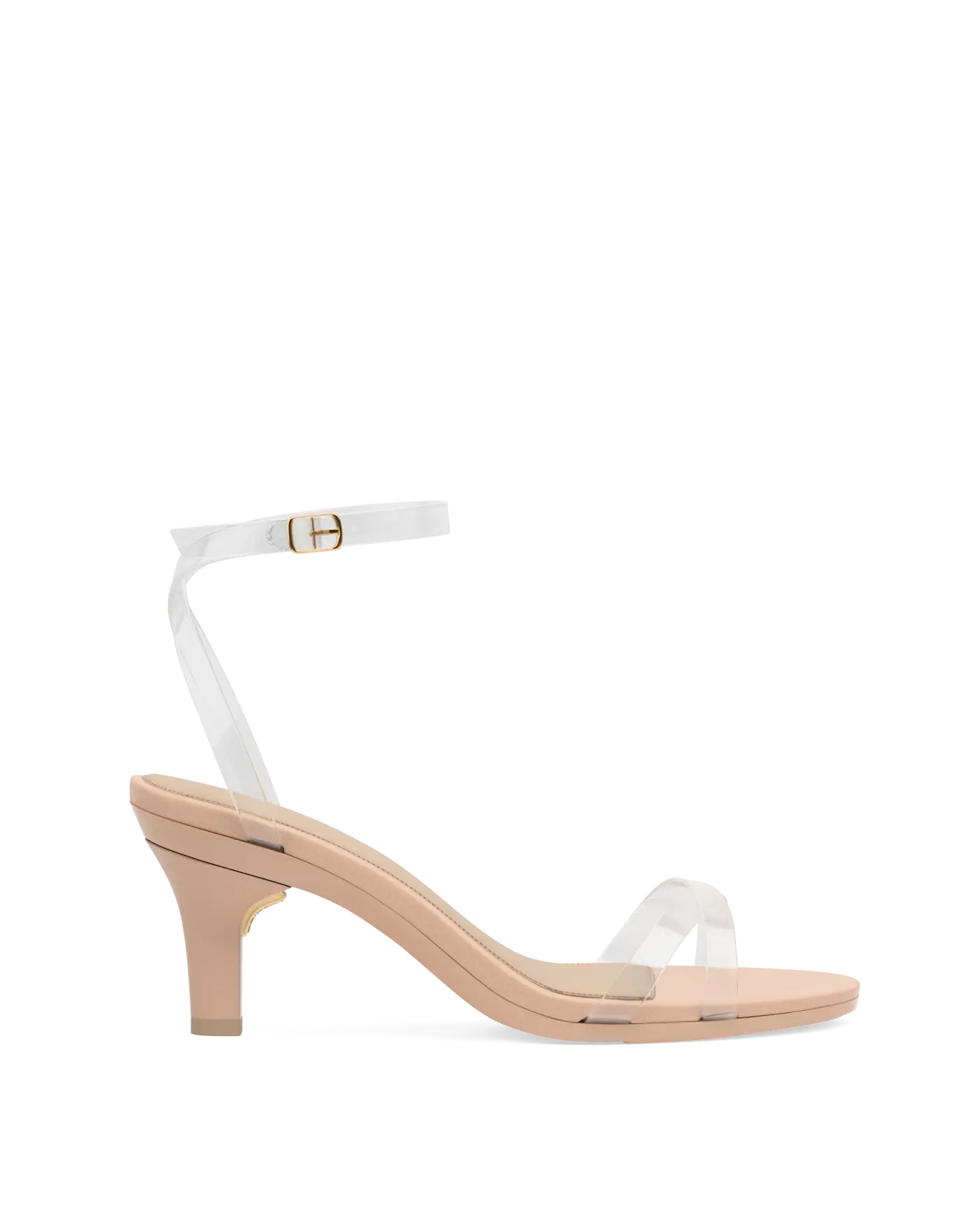 a clear strap, open toe strappy sandal with open heel with block heel with beige footbed and a kitten heel