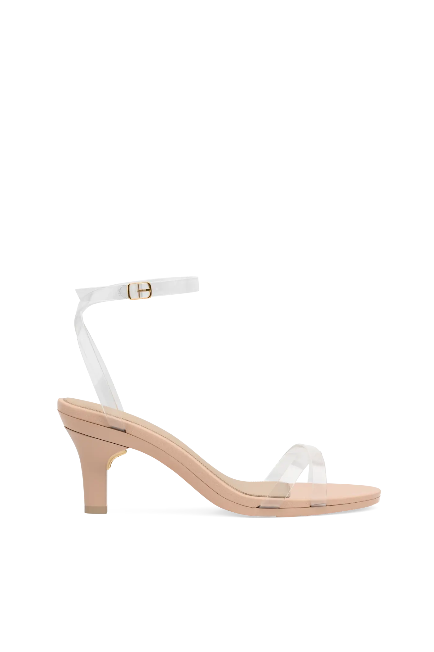 a clear strap, open toe strappy sandal with open heel with block heel with beige footbed and a kitten heel