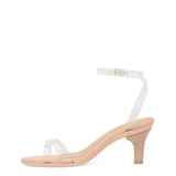 a clear strap, open toe strappy sandal with open heel with block heel with beige footbed and a kitten heel