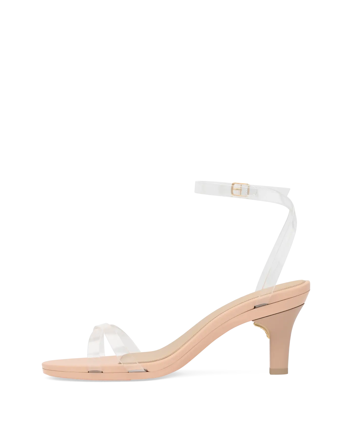 a clear strap, open toe strappy sandal with open heel with block heel with beige footbed and a kitten heel