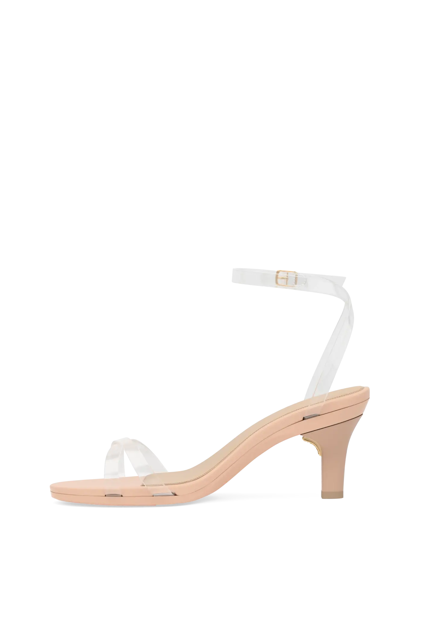 a clear strap, open toe strappy sandal with open heel with block heel with beige footbed and a kitten heel
