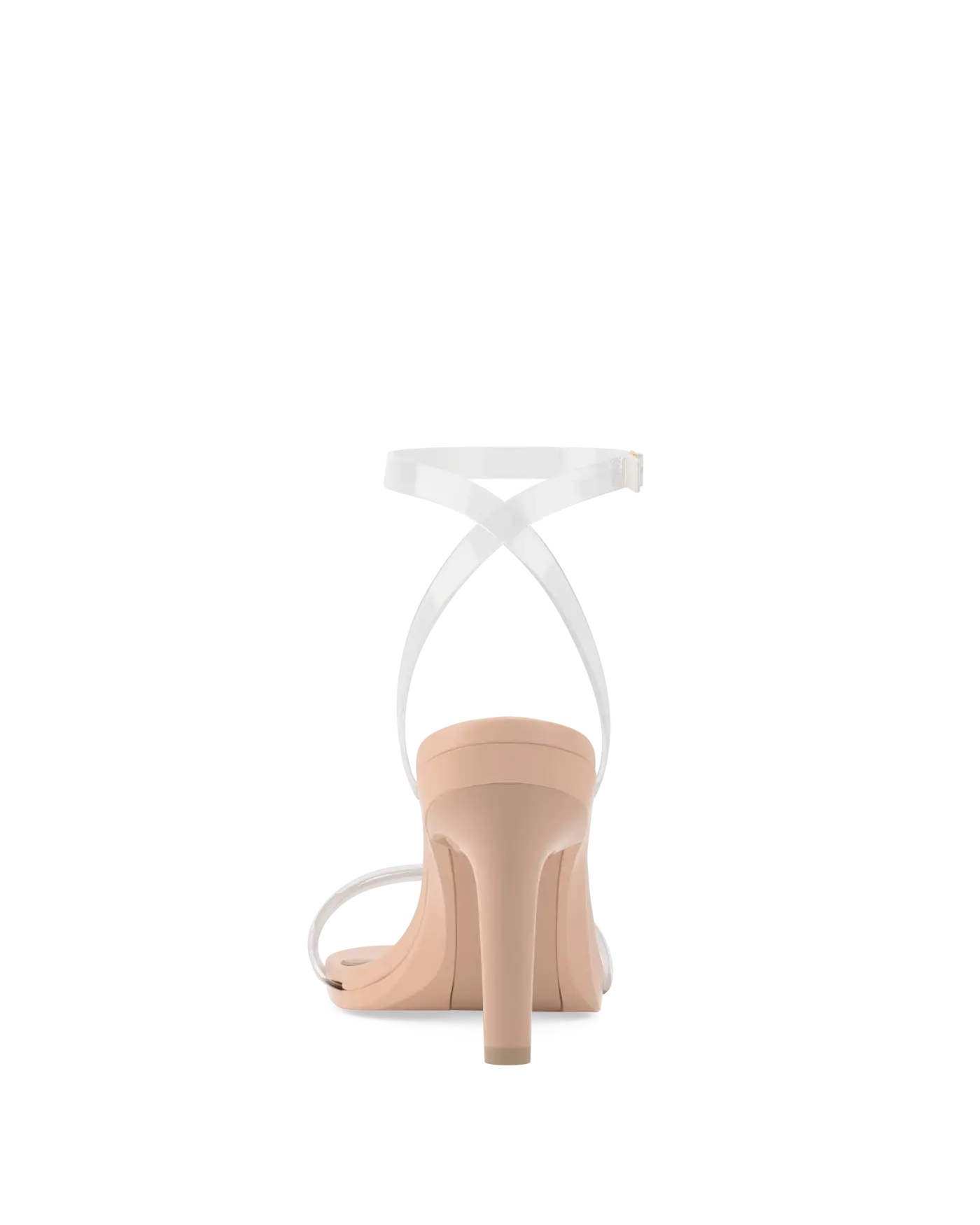 back view of transaprent strappy high heel stiletto sandal with a beige footbed