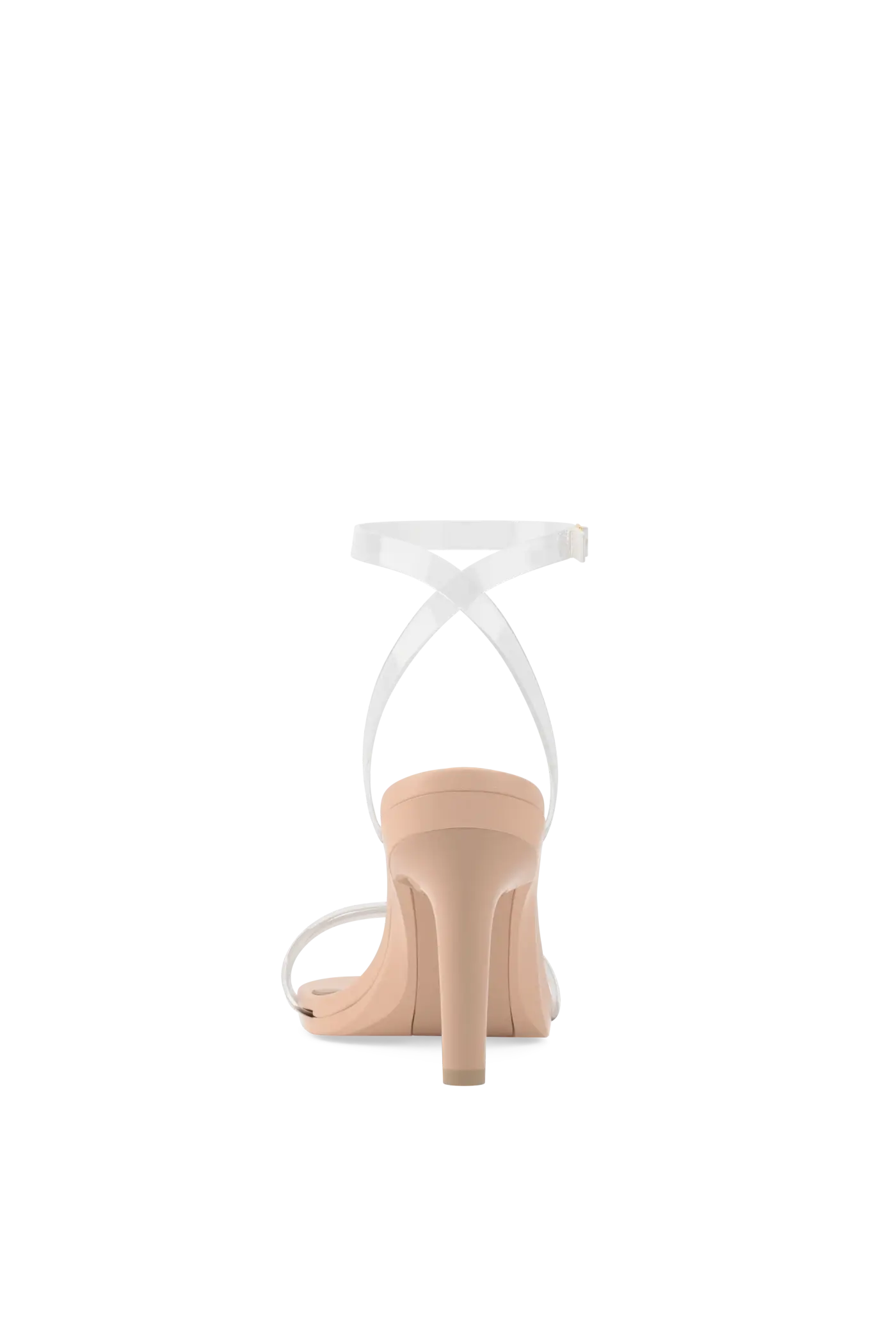 back view of transaprent strappy high heel stiletto sandal with a beige footbed